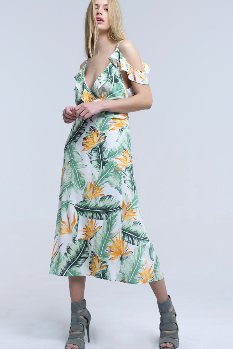 White midi dress in tropical leaves - YuppyCollections