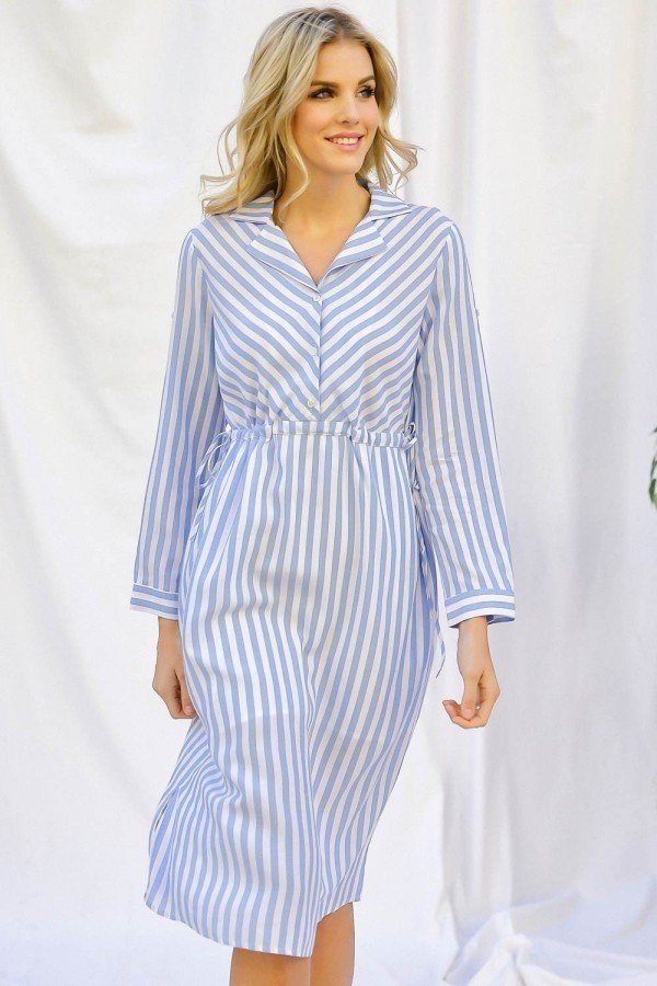 Stripe Print Cinched Waist Long Sleeve Shirt Midi Dress - YuppyCollections