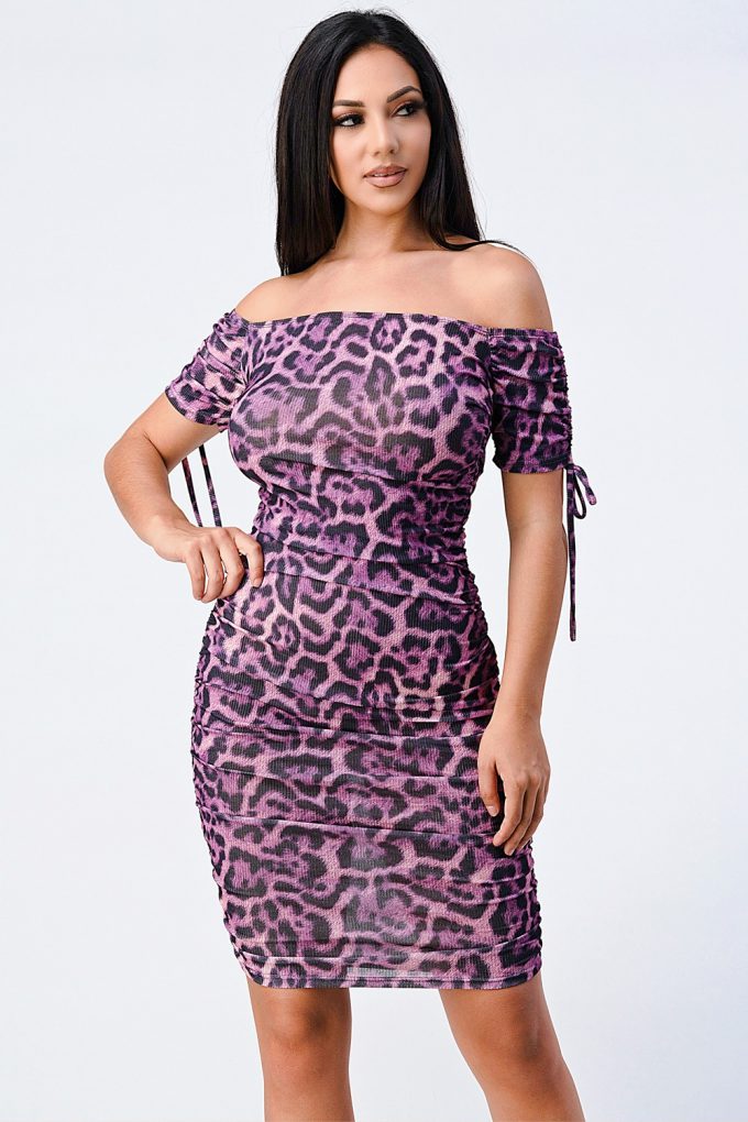 Leopard Print Off Shoulder Shirring Bodycon Dress - YuppyCollections